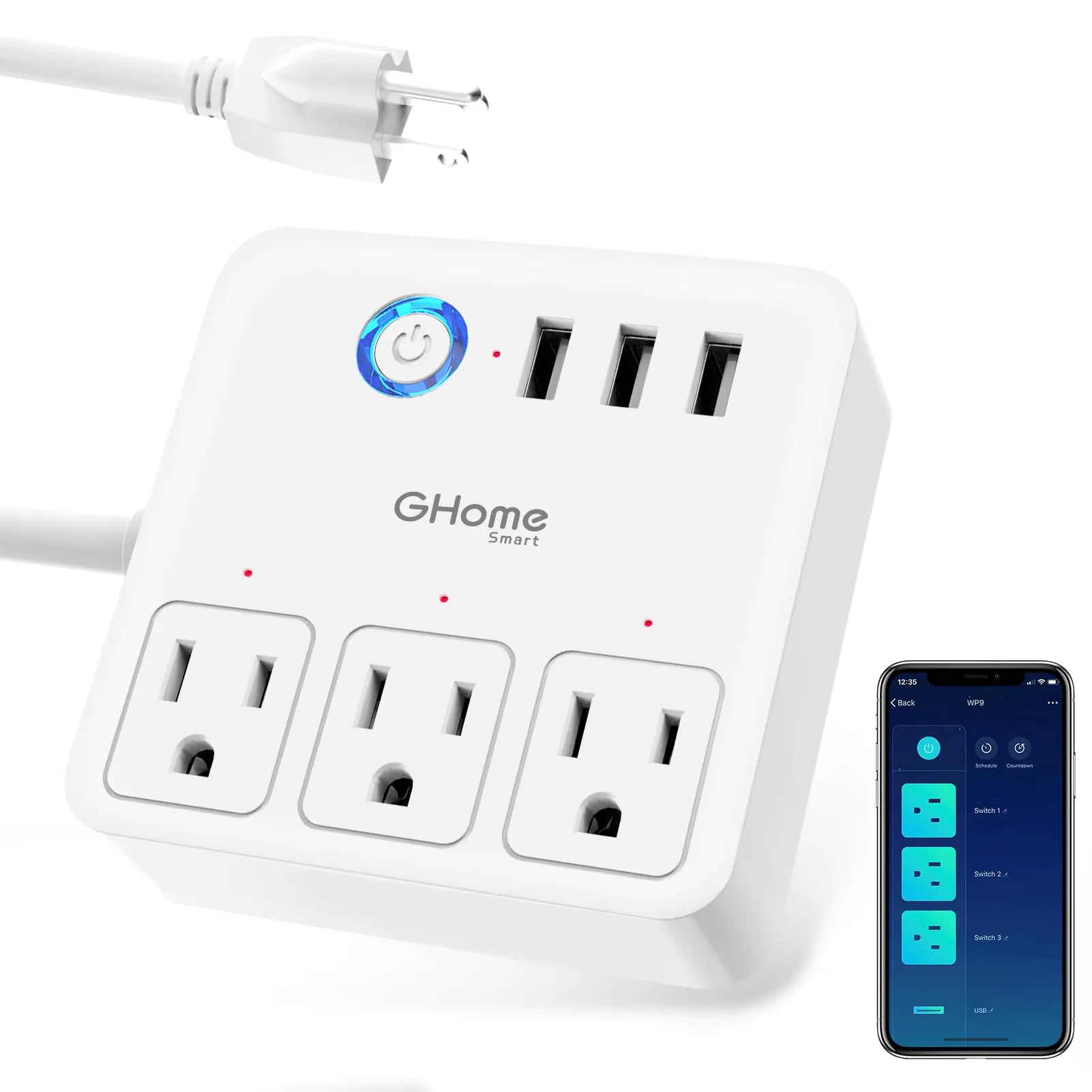 GHome Smart Power Strip 3 USB Ports and 3 Individually Controlled Smart Outlets WiFi Surge Protector Works with Alexa, Google Home, Home Office, Cruise Ship Travel Multi-Plug Extender Flat Plug 10A